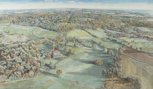 
	
		Richard Bawden RE, 
		British b.1936- 
		 
		Birds eye view of Stocks House, Aldbury,...