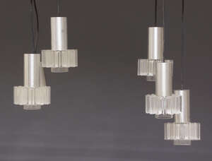 
	
		A set of three pendant ceiling lights, 20th century, each with three lights, with clear...