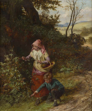 
	
		William Bromley, 
		 
		British fl.1835-1888- 
		 
		Blackberry picking; 
		 
		oil...