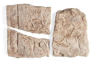 
	
		An Egyptian style limestone relief, with Tutankhamun seated on his throne wearing the...