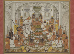
	
		A painting of the durbar, Rajasthan, India, early 20th century, opaque pigments...