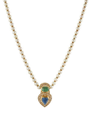 A sapphire emerald, diamond and cultured pearl necklace, the heart shaped collet-set cabochon sapphire set within pave diamond heart shaped panel with oval cab