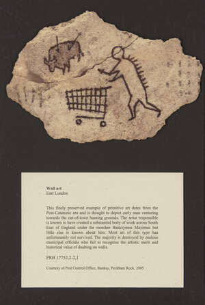 Banksy, British b.1974- Peckham Rock; wooden postcard, 12 x 18 cm, (framed) (ARR)