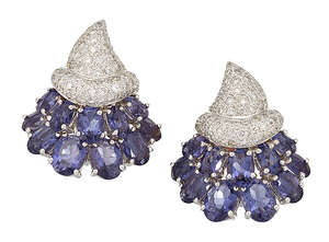 
	
		A pair of diamond and tanzanite drop earrings, of inverted cornucopia design, the pavé...