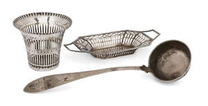 
	
		An early 19th century German silver soup ladle, Berlin, maker's mark WH beside...