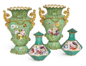 
	
		A pair of English porcelain twin handled green glazed vases, possibly Coalport, 19th...
