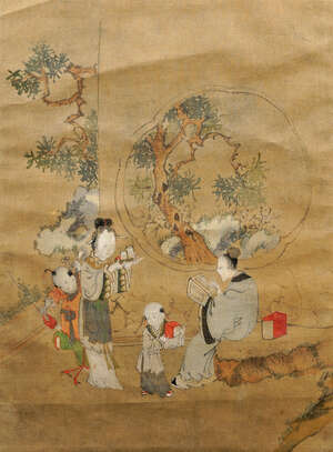 
	
		Early 20th century Chinese School, ink and colour on silk, study of figures taking tea in...