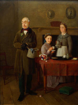 
	
		Charles Hunt Snr, 
		British 1803-1877- 
		 
		Family group in an interior; 
		 
		