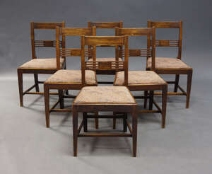 
	
		A set of six Edwardian mahogany dining chairs, with bar back rail, above slatted back...