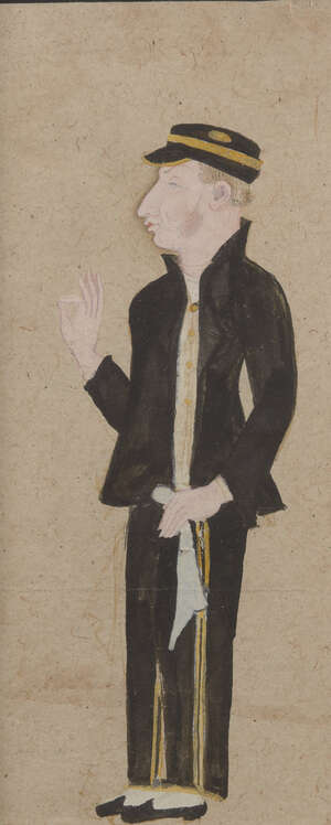 
	
		An English officer of the political service, after a portrait by Zoffany or Charles...