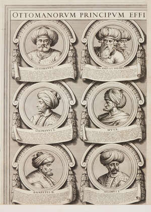 
	
		Sir Nicolas Dorigny (French 1652-1746),  Ottomanorum Principum Effi, 1699, engraving,...