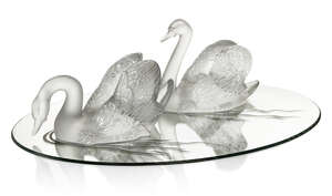 
	
		Lalique, 
		 
		Swan mirror centrepiece with 'Cigne Tete Haute' and 'Cygne Tete...