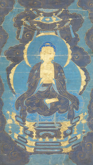 
	
		A Chinese painting on canvas, 19th century, depicting Shakyamuni Buddha seated in 