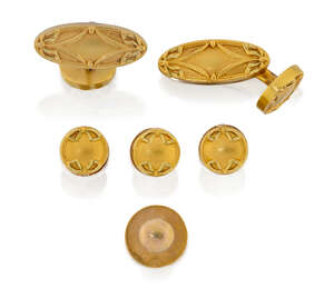 
	
		A French Art Nouveau gold dress set, comprising: a pair of cufflinks with oval panels of...