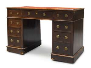 
	
		An oak pedestal desk, 19th century, the rounded rectangular top inset with red leather...
