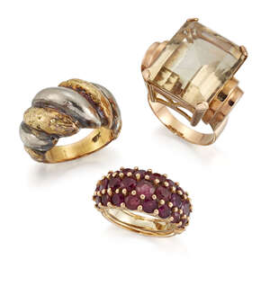 Three rings, comprising: a cut-cornered rectangular citrine single stone to stepped arched...