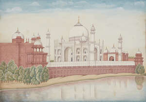 
	
		The Taj Mahal, Agra school, early 20th century, opaque pigments on paper, depicted as...