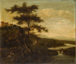 Follower of Jan Gabrielsz Sonje, 
		Dutch c.1625-1707- 
		 
		Rider in a wooded river landscape with a stone bridge and a hill top castle;
		 
		oil on 