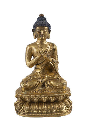 
	
		A Sino-Tibetan gilt bronze Shakyamuni Buddha, 18th century, seated in dhyanasana on an...