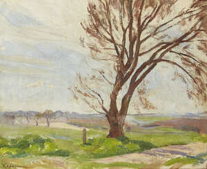 
	
		Amy Katherine Browning ROI SWA,
		British 1881-1978-
		 
		Fields and tree;
		 
		oil...