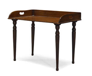 
	
		A mahogany tray table,19th Century and later, the rectangular top with three-quarter...