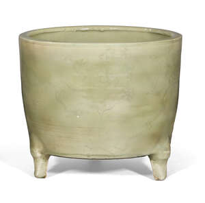 
	
		A Chinese grey stoneware Longquan celadon cylindrical censer, Ming dynasty, covered in an...