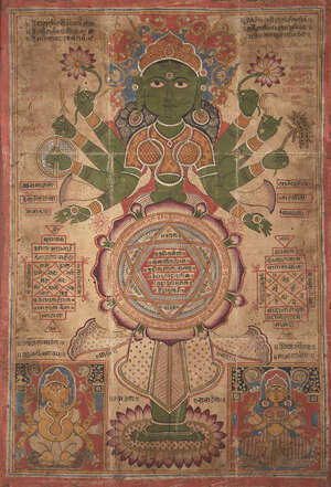 
	
		A large Jain tantric painting, late 19th-early 20th century, opaque pigment and lacquer...