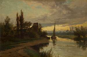 
	
		European School, 
		 
		late 19th century- 
		 
		A wooded river landscape with a...