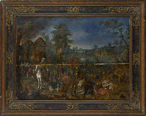 
	
		Sebastiaen Vrancx, 
		Flemish 1573-1647- 
		 
		Soldiers raiding a village;
		 
		oil...