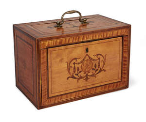 
	
		An unusual George III satinwood inlaid letters box, late 18th century, with brass handled...