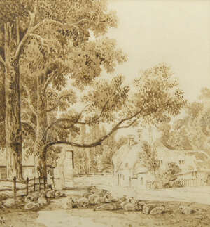 
	
		William Havell OWS, British 1782-1857- Sheep resting below trees by a cottage; pen and...