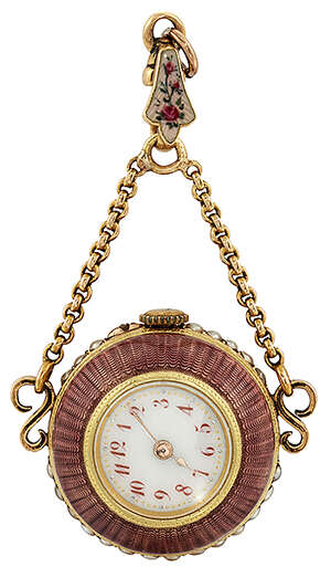 
	
		An early 20th century gold and enamel ball pendant watch, the white enamel dial with red...