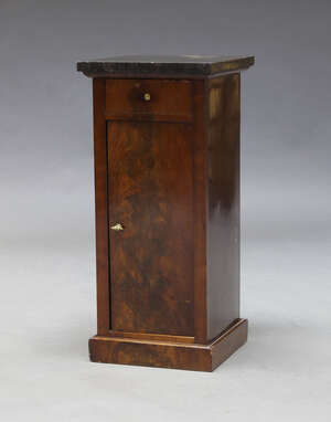 
	
		A French mahogany bedside cupboard, 19th Century, with square marble top, above one...