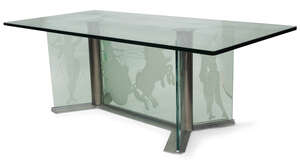 
	
		Manner of Fontana Arte, 
		 
		Coffee table with etched figural designs, circa 1960,...