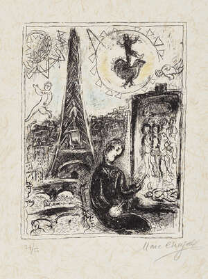 
	
		Marc Chagall, 
		Russian/French 18871985- 
		 
		Painter at the Eiffel Tower [Mourlot...