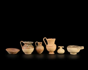 Six ancient pottery vessels, circa 7th-2nd Century B.C., including a fragmentary Corinthian...