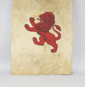 
	
		A rectangular flag, late 19th/early 20th century, printed with a rampant red lion...
