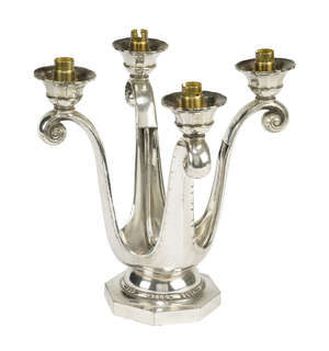 
	
		A silver-plated four branch electric candelabrum, by Christofle, the design attributed to...