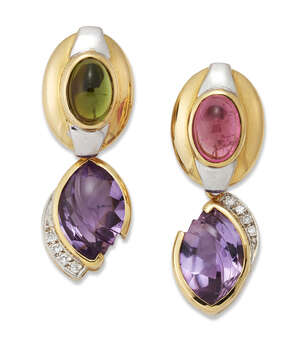 
	
		A pair of gem and diamond 'night and day' earrings, each designed as a cabochon pink or...