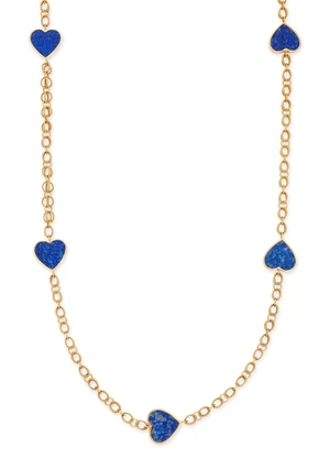 A lapis lazuli chain-link necklace, of fancy belcher-link design, with collet-set heart shaped lapis lazuli panel spacers, length 92cm (VAT charged on hammer p