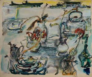 
	
		Elsa Vaudrey, 
		British 1905-1990-
		Picnic on Roof Garden;
		mixed media on card,...