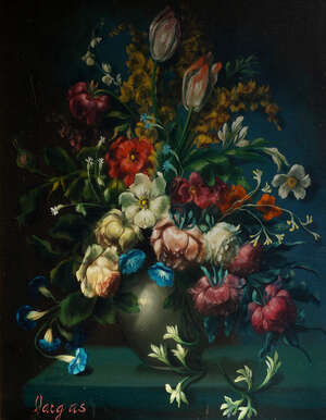 
	
		Hargas, Northern European, late 20th century- Still life with flowers in a vase on a...