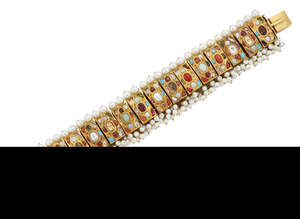 A 20th century Indian gem and cultured pearl Navaratna bracelet, composed of strung rectangular panels each set with a foiled central vari-cut gem within a sur