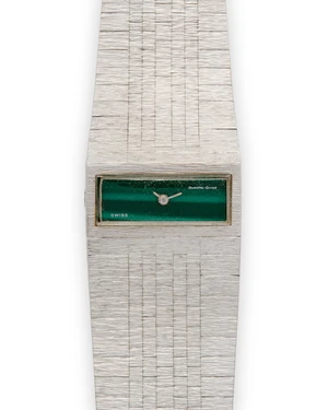 Bueche-Girod. A 9ct gold white gold manual wind bracelet &lsquo;driving&rsquo; watch with green dial London...