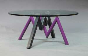 
	
		A glass and painted steel occasional table, c.1980s, with circular glass top on purple...