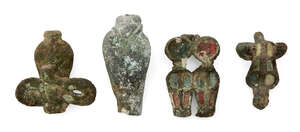 Four Egyptian bronze rearing uraei, Late Period to Ptolemaic, 664-30 B.C. , the largest recessed for inlay, one cell with remnants of red enamel paste, 5.2cm; 