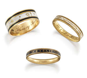 
	
		Three George III gold and enamel mourning rings for the Tulip family, comprising: one...