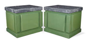 
	
		Derek Frost, a pair of green painted pedestal side tables, late 20th century, each with...