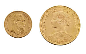 A Chilean gold 100 pesos coin and a Belgian gold 20 francs coin, 1947 and 1875 respectively