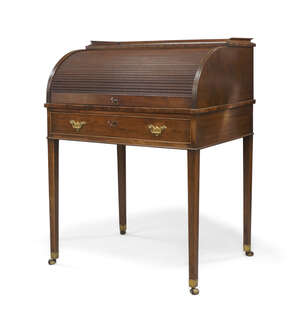 
	
		A George III mahogany cylinder bureau, the galleried top above cylinder front enclosing...